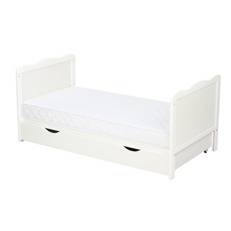 Qmini - Patut din lemn Julia 120x60 cm, multifunctional, cu sertar, Alb + Saltea 8 cm