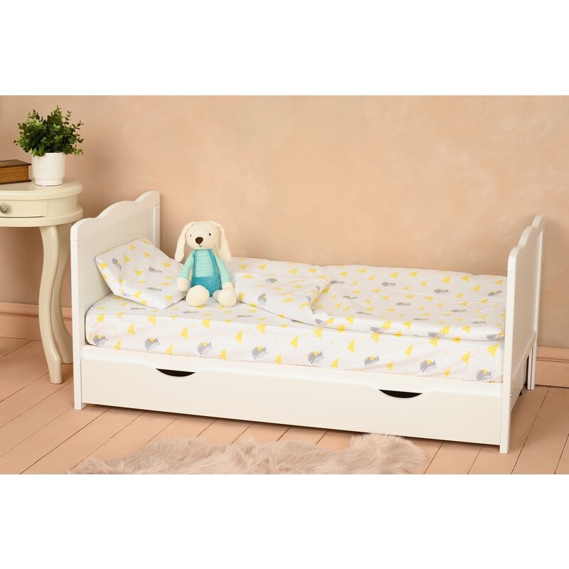 Qmini - Patut din lemn Julia 120x60 cm, multifunctional, cu sertar, Alb + Saltea 8 cm