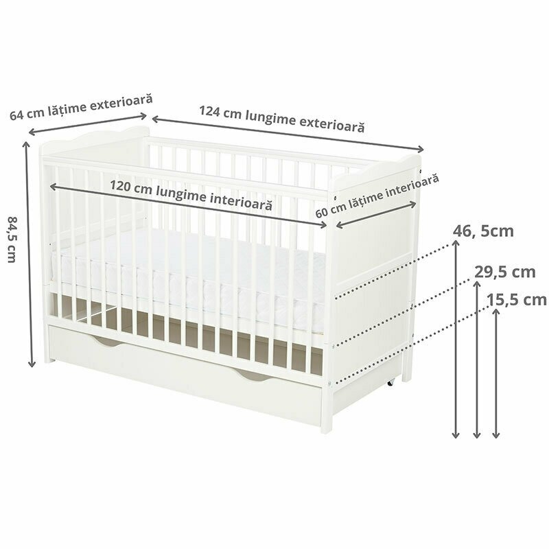 Qmini - Patut din lemn Julia 120x60 cm, multifunctional, cu sertar, Alb + Saltea 8 cm