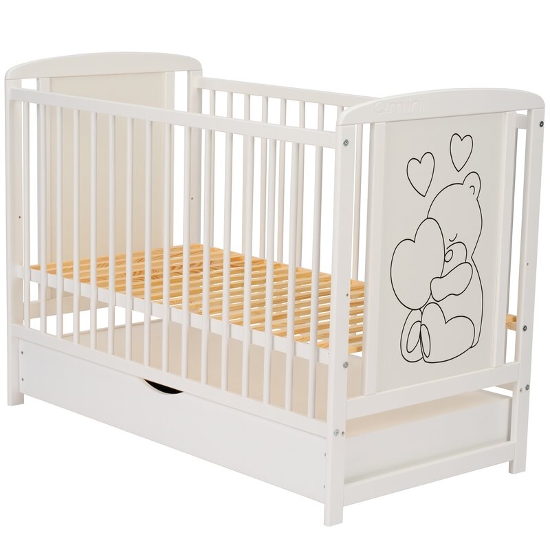 Qmini- Patut din lemn Timmi Heart 120x60 cm, Cu sertar, Din lemn de pin, MDF, Somiera reglabila, Alb Qmini- Patut din lemn Timmi Heart 120x60 cm, Cu sertar, Din lemn de pin, MDF, Somiera reglabila, Alb
