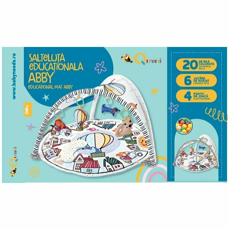 Qmini - Salteluta interactiva Abby . Cu muzica. 20 bile. 6 jucarii . Pentru activitati educationale. din Poliester. 85x85 cm. Multicolor. Resigilat Qmini - Salteluta interactiva Abby . Cu muzica. 20 bile. 6 jucarii . Pentru activitati educationale. din Poliester. 85x85 cm. Multicolor. Resigilat