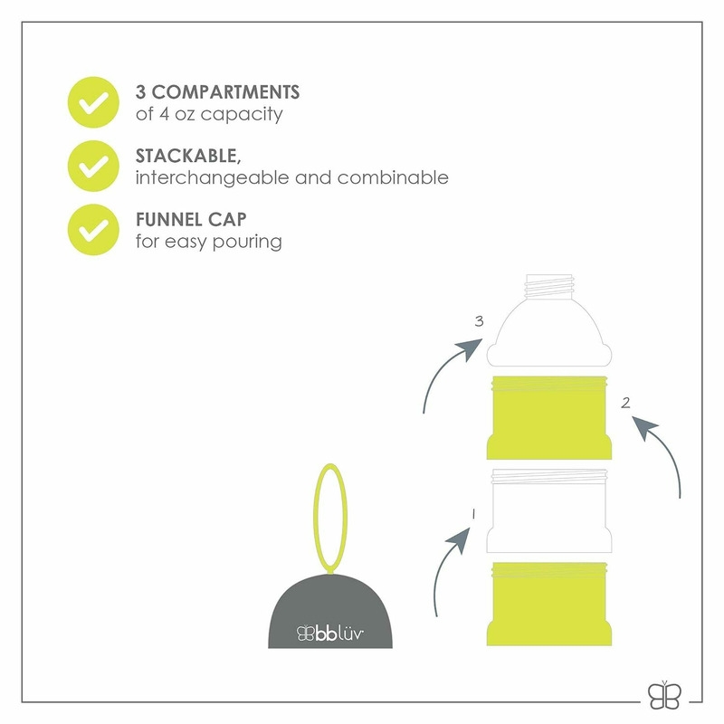 Recipient pentru lapte praf sau gustari, Dose, Cu trei compartimente, BPA Free, Bbluv, Lime Recipient pentru lapte praf sau gustari, Dose, Cu trei compartimente, BPA Free, Bbluv, Lime