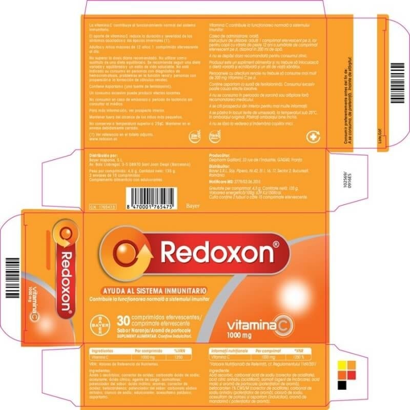 Redoxon vitamina C 1000 mg cu aroma de portocale, 30 comprimate efervescente, Bayer Redoxon vitamina C 1000 mg cu aroma de portocale, 30 comprimate efervescente, Bayer