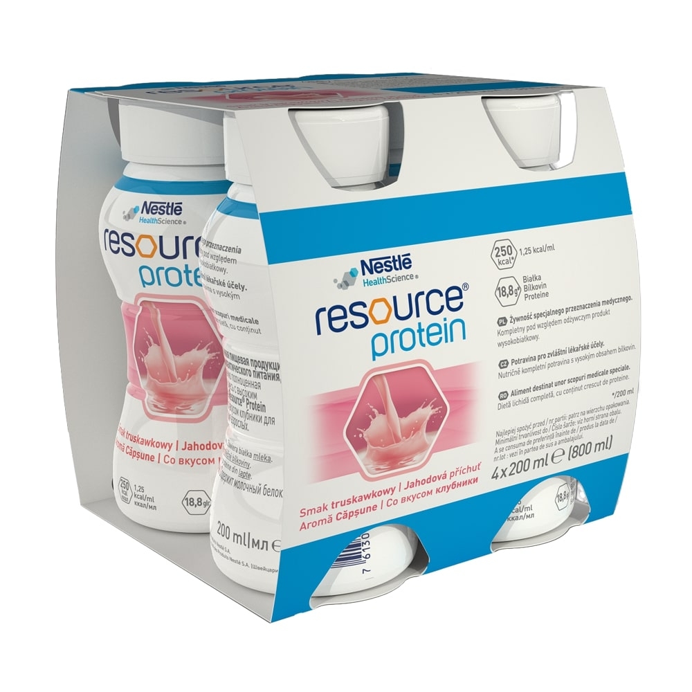 Resource 2.0 + Protein cu aroma de capsuni fara gluten, 4 x 200 ml, Nestle Resource 2.0 + Protein cu aroma de capsuni fara gluten, 4 x 200 ml, Nestle
