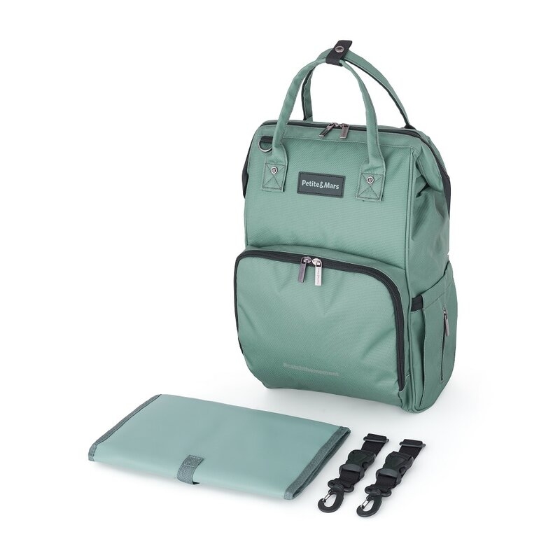 Rucsac pentru mamici, Petite&Mars, Jack, Cu 11 compartimente, Cu buzunare termice, Saltea de infasat inclusa, 30 x 42 x 15 cm, Misty Green Rucsac pentru mamici, Petite&Mars, Jack, Cu 11 compartimente, Cu buzunare termice, Saltea de infasat inclusa, 30 x 42 x 15 cm, Misty Green