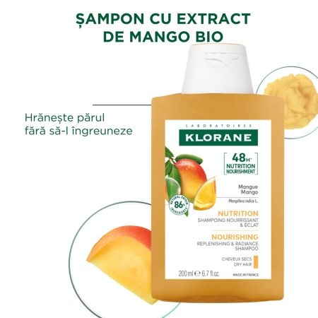 Sampon cu unt de mango Bio, 200 ml, Klorane Sampon cu unt de mango Bio, 200 ml, Klorane