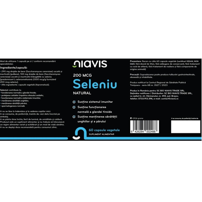 Seleniu natural, 200 mg, 60 capsule, Niavis Seleniu natural, 200 mg, 60 capsule, Niavis