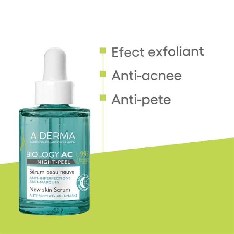 Serum peeling de noapte Biology AC, 30 ml, A-Derma Serum peeling de noapte Biology AC, 30 ml, A-Derma