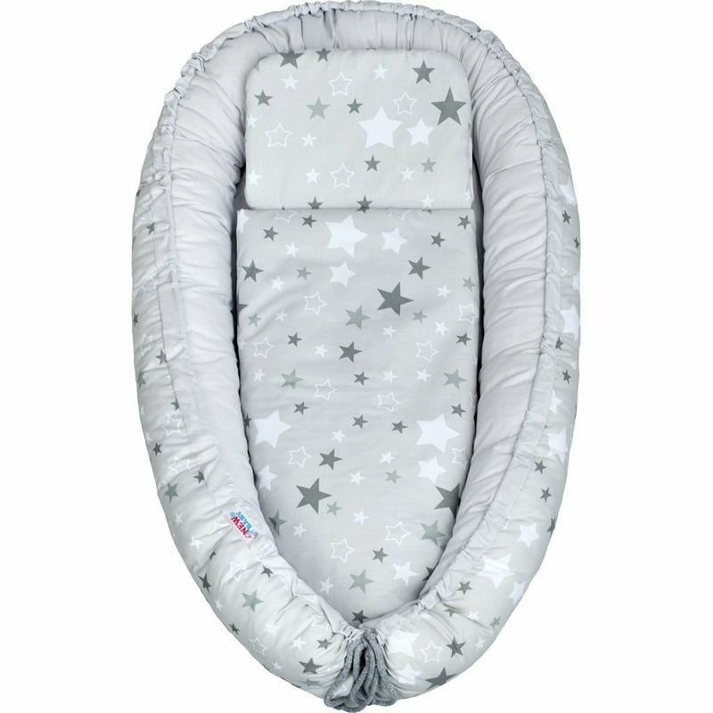 Set 3 piese, Baby Nest, Cu paturica si pernuta, New Baby, White/Grey stars Set 3 piese, Baby Nest, Cu paturica si pernuta, New Baby, White/Grey stars