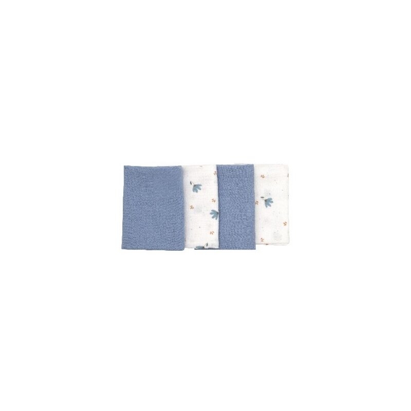Set 4 lavete, Bubaba, Din muselina, Dimensiune 40x40 cm, Pentru spalarea si ingrijirea fetei si a corpului bebelusului dupa masa sau baita, Blue Set 4 lavete, Bubaba, Din muselina, Dimensiune 40x40 cm, Pentru spalarea si ingrijirea fetei si a corpului bebelusului dupa masa sau baita, Blue