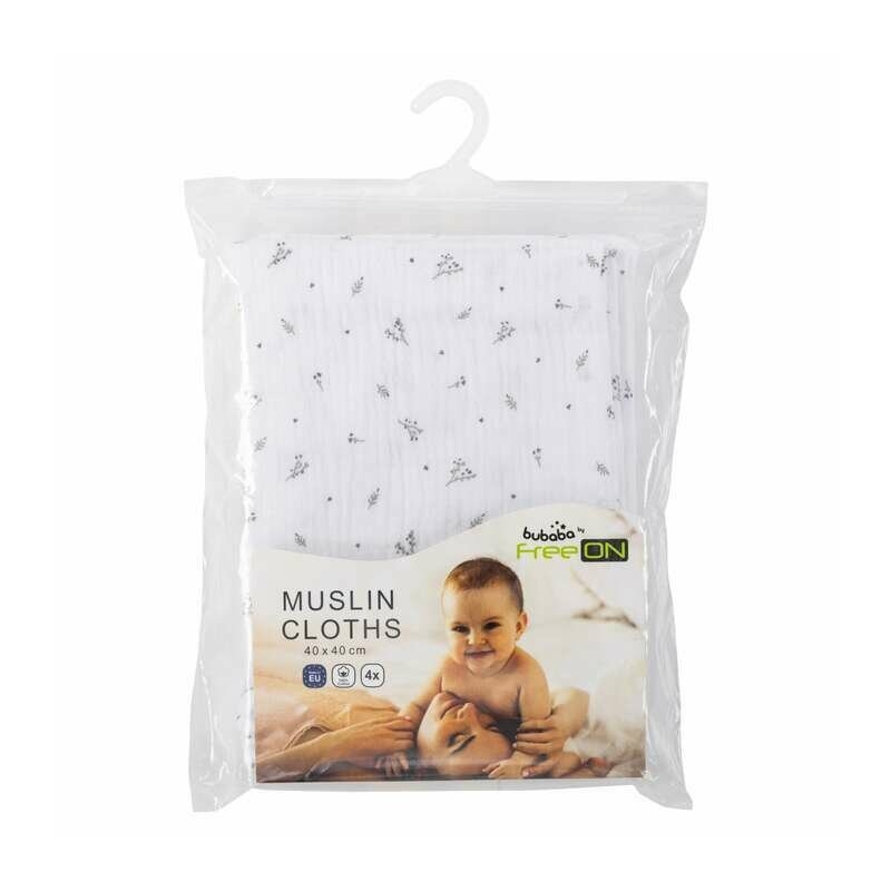 Set 4 lavete, Bubaba, Din muselina, Dimensiune 40x40 cm, Pentru spalarea si ingrijirea fetei si a corpului bebelusului dupa masa sau baita, White Set 4 lavete, Bubaba, Din muselina, Dimensiune 40x40 cm, Pentru spalarea si ingrijirea fetei si a corpului bebelusului dupa masa sau baita, White