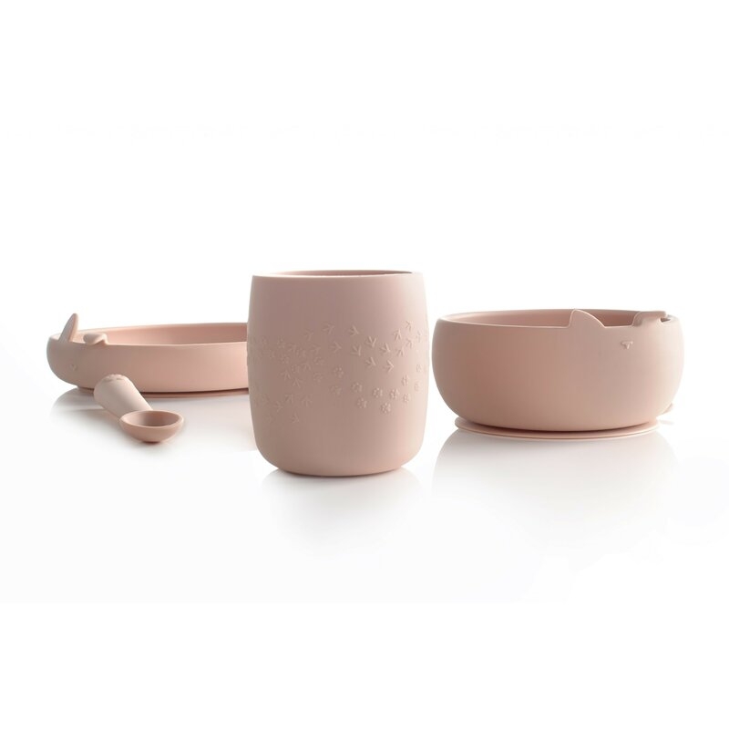 Set complet de masa, Jane, Din silicon, Cu 4 piese, Farfurie, Bol, Lingurita si pahar, BPA free, Pale