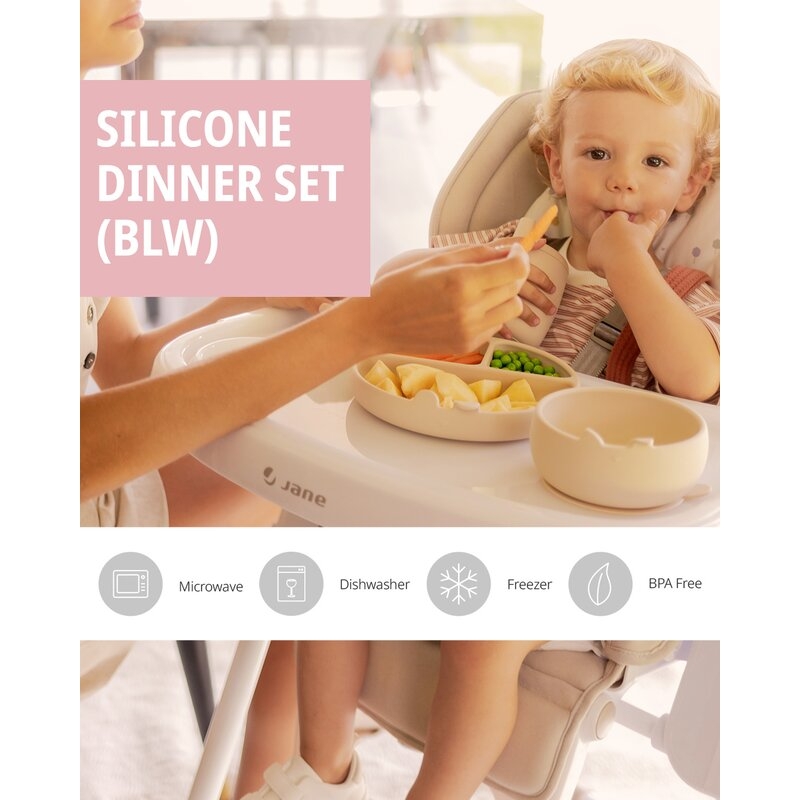 Set complet de masa, Jane, Din silicon, Cu 4 piese, Farfurie, Bol, Lingurita si pahar, BPA free, Pale