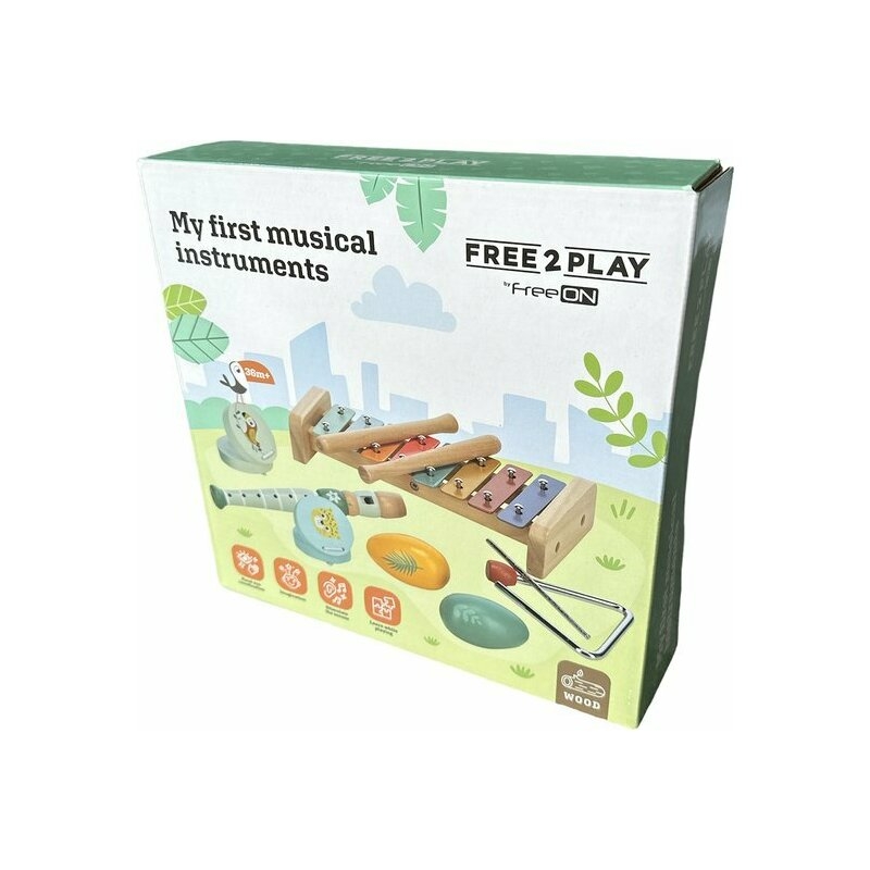 Set instrumente muzicale, Free2Play, 5 in 1, Contine xilofon, Fluier, Din lemn, Conform cu standardul european de securitate EN71/123, 3 ani+, Multicolor Set instrumente muzicale, Free2Play, 5 in 1, Contine xilofon, Fluier, Din lemn, Conform cu standardul european de securitate EN71/123, 3 ani+, Multicolor