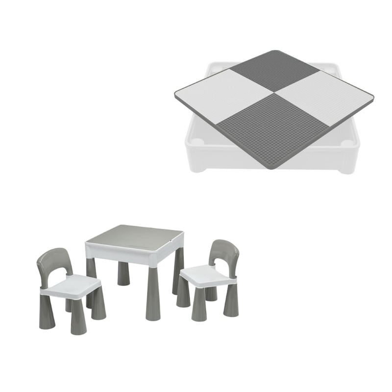 Set masuta si doua scaune pentru copii, Grey and White, Cu parte detasabila si reversibila, Partea reversibila pentru Lego Duplo, New Baby Set masuta si doua scaune pentru copii, Grey and White, Cu parte detasabila si reversibila, Partea reversibila pentru Lego Duplo, New Baby
