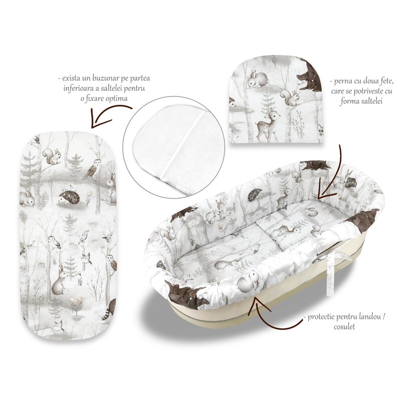 Set pentru landou/cosulet, MimiNu, Cu protectie, saltea si pernuta, Din bumbac certificat Oeko Tex Standard 100, Design, Woodland Set pentru landou/cosulet, MimiNu, Cu protectie, saltea si pernuta, Din bumbac certificat Oeko Tex Standard 100, Design, Woodland