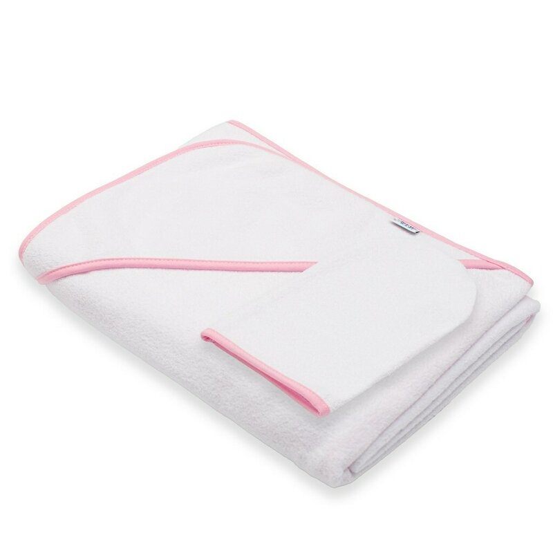 Set prosop cu gluga si manusa baie, New Baby, Dimensiune mare 100 x 100 cm, Basic, White-pink Set prosop cu gluga si manusa baie, New Baby, Dimensiune mare 100 x 100 cm, Basic, White-pink
