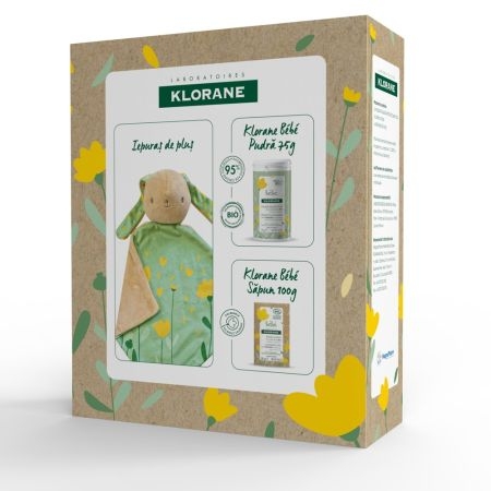 Set Pudra protectoare bebelusi, 75 g + Sapun solid Bio, 100 g + Iepuras de plus, Klorane Bebe Set Pudra protectoare bebelusi, 75 g + Sapun solid Bio, 100 g + Iepuras de plus, Klorane Bebe