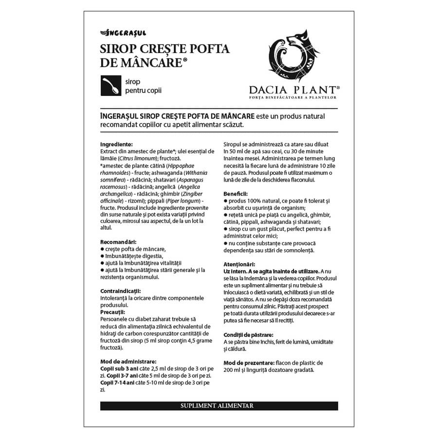 Sirop creste pofta de mancare Ingerasul, 200 ml, Dacia Plant Sirop creste pofta de mancare Ingerasul, 200 ml, Dacia Plant
