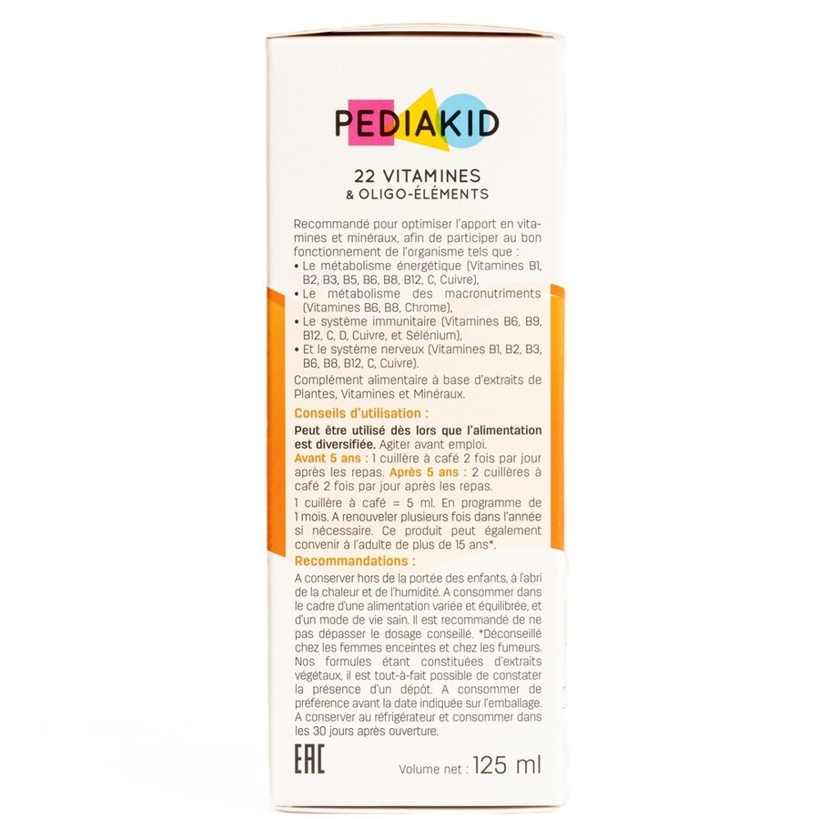 Sirop cu gust de portocale si caise 22 de vitamine si oligoelemente, 125 ml, Pediakid Sirop cu gust de portocale si caise 22 de vitamine si oligoelemente, 125 ml, Pediakid