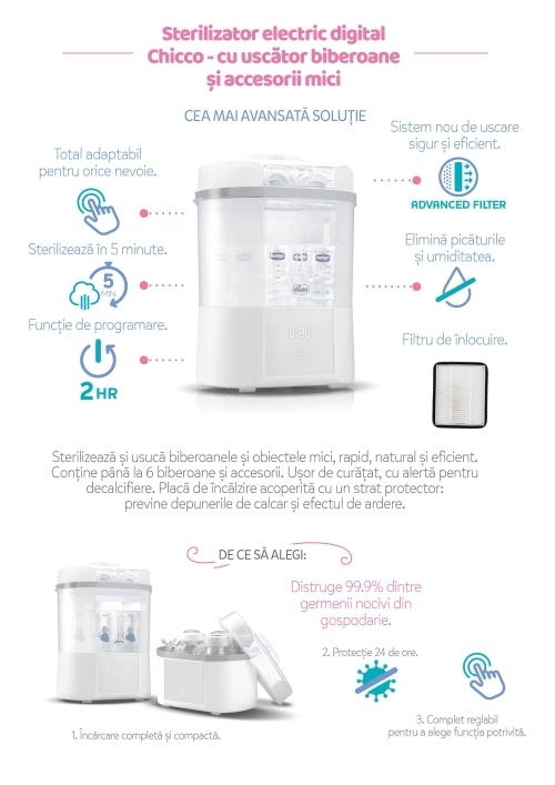 Sterilizator electric digital cu uscator pentru biberoane si accesorii mici +0 luni, Chicco Sterilizator electric digital cu uscator pentru biberoane si accesorii mici +0 luni, Chicco