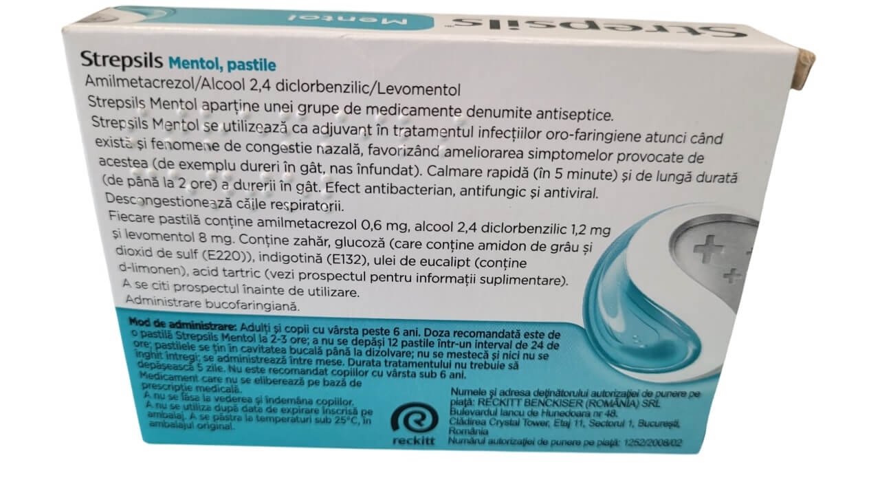 Strepsils Mentol, 24 pastile, Reckitt Benckiser Strepsils Mentol, 24 pastile, Reckitt Benckiser