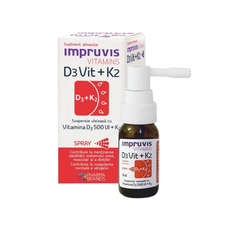 Spray suspensie uleioasa cu vitamina D3 500 UI + K2 Impruvis Vitamins, 10 ml, Pharma Brands Spray suspensie uleioasa cu vitamina D3 500 UI + K2 Impruvis Vitamins, 10 ml, Pharma Brands