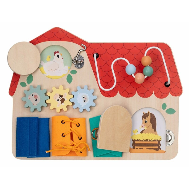 Tablita cu activitati din lemn, cu elemente interactive, dezvolta coordonarea mana-ochi, 40x30x6,5 cm, 18 luni+, Multicolor,  Free2Play