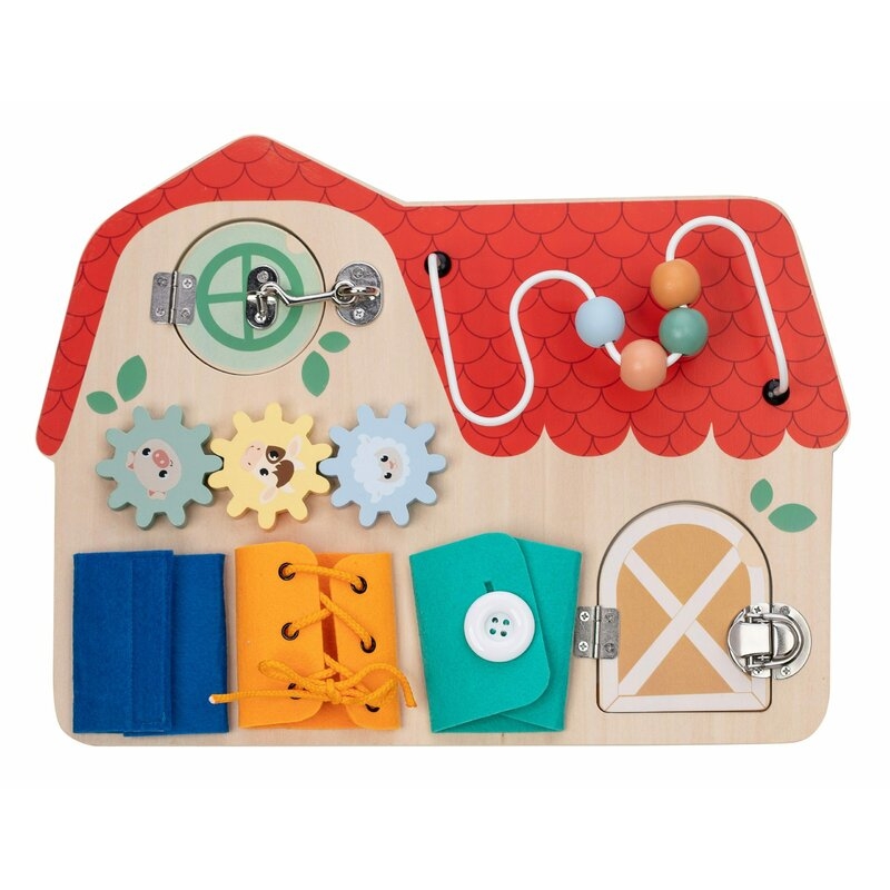 Tablita cu activitati din lemn, cu elemente interactive, dezvolta coordonarea mana-ochi, 40x30x6,5 cm, 18 luni+, Multicolor,  Free2Play