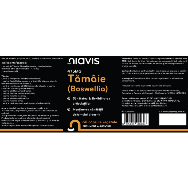 Tamaie (Boswellia), 475 mg, 60 capsule, Niavis Tamaie (Boswellia), 475 mg, 60 capsule, Niavis