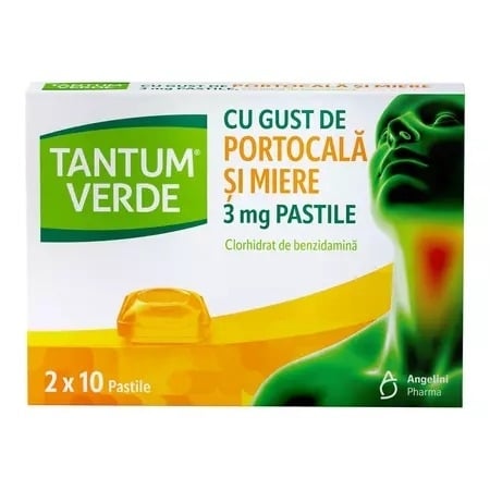 Tantum Verde cu gust de portocala si miere, 3 mg, 20 pastile, Angelini Tantum Verde cu gust de portocala si miere, 3 mg, 20 pastile, Angelini