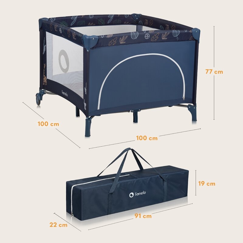Tarc de joaca copii, Lionelo, Bonnie, Pana la 15 kg, 100 x 100 cm, Pliere compacta, Include geanta de transport, Din plasa, Cu intrare laterala cu fermoar, Cu roti, Cu salteluta din spuma, Conform cu EN12227, Albastru Tarc de joaca copii, Lionelo, Bonnie, Pana la 15 kg, 100 x 100 cm, Pliere compacta, Include geanta de transport, Din plasa, Cu intrare laterala cu fermoar, Cu roti, Cu salteluta din spuma, Conform cu EN12227, Albastru