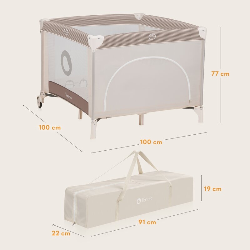 Tarc de joaca copii, Lionelo, Bonnie, Pana la 15 kg, 100 x 100 cm, Pliere compacta, Include geanta de transport, Din plasa, Cu intrare laterala cu fermoar, Cu roti, Cu salteluta din spuma, Conform cu EN12227, Bej Tarc de joaca copii, Lionelo, Bonnie, Pana la 15 kg, 100 x 100 cm, Pliere compacta, Include geanta de transport, Din plasa, Cu intrare laterala cu fermoar, Cu roti, Cu salteluta din spuma, Conform cu EN12227, Bej