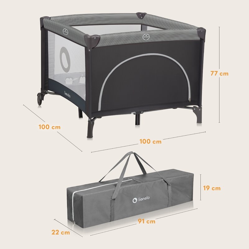 Tarc de joaca copii, Lionelo, Bonnie, Pana la 15 kg, 100 x 100 cm, Pliere compacta, Include geanta de transport, Din plasa, Cu intrare laterala cu fermoar, Cu roti, Cu salteluta din spuma, Conform cu EN12227, Gri inchis Tarc de joaca copii, Lionelo, Bonnie, Pana la 15 kg, 100 x 100 cm, Pliere compacta, Include geanta de transport, Din plasa, Cu intrare laterala cu fermoar, Cu roti, Cu salteluta din spuma, Conform cu EN12227, Gri inchis
