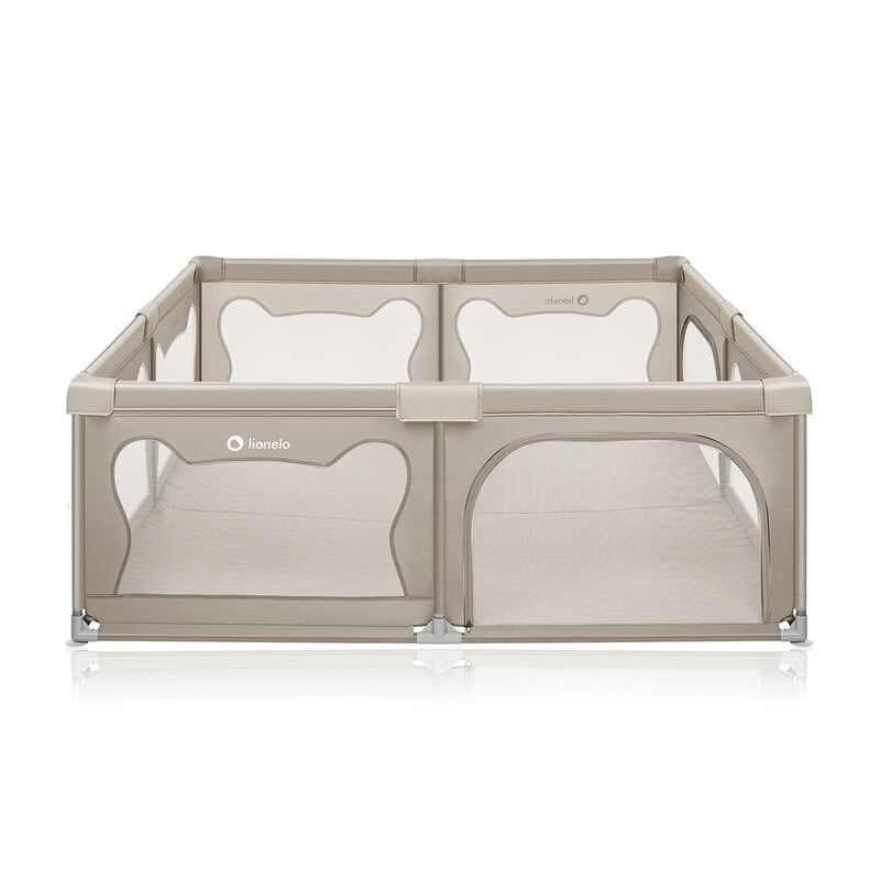Tarc de joaca copii, Lionelo, Willow XL,180 x 200 cm, Pliere compacta, Include geanta de transport, Din plasa, Cu doua intrari laterale si fermoar, Cu ventuze pentru stabilitate, Conform cu EN 12227:2010, Bej