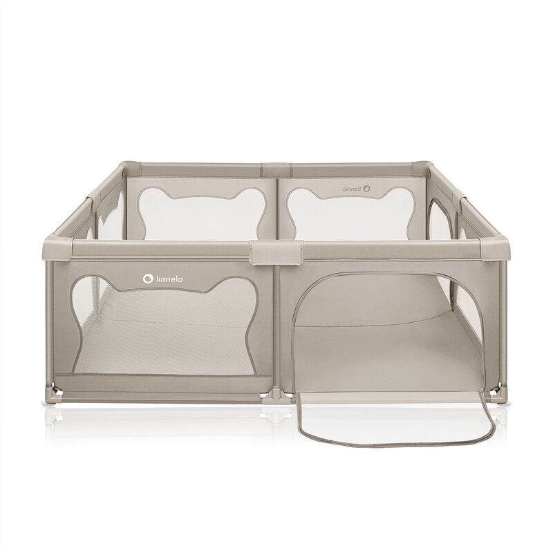 Tarc de joaca copii, Lionelo, Willow XL,180 x 200 cm, Pliere compacta, Include geanta de transport, Din plasa, Cu doua intrari laterale si fermoar, Cu ventuze pentru stabilitate, Conform cu EN 12227:2010, Bej