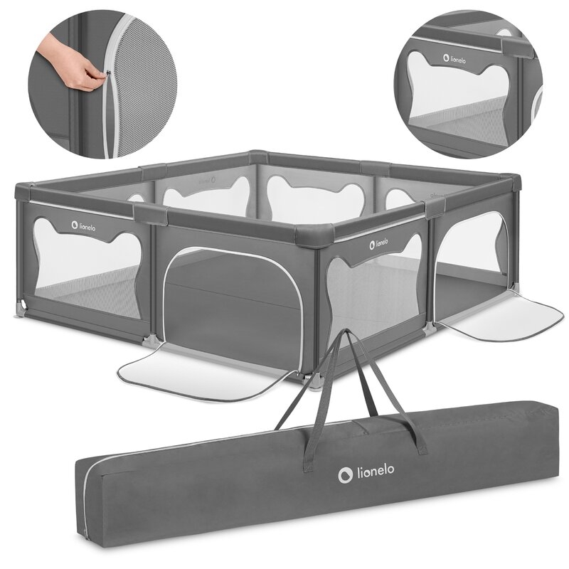 Tarc de joaca copii, Lionelo, Willow XL,180 x 200 cm, Pliere compacta, Include geanta de transport, Din plasa, Cu doua intrari laterale si fermoar, Cu ventuze pentru stabilitate, Conform cu EN 12227:2010, Gri Tarc de joaca copii, Lionelo, Willow XL,180 x 200 cm, Pliere compacta, Include geanta de transport, Din plasa, Cu doua intrari laterale si fermoar, Cu ventuze pentru stabilitate, Conform cu EN 12227:2010, Gri