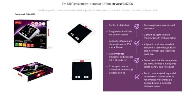Tensiometru automat de brat cu voce RAK298, Dr. Life Tensiometru automat de brat cu voce RAK298, Dr. Life