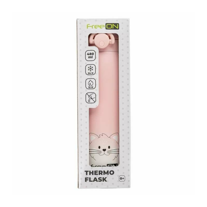 Termos lichide, FreeON, Din otel inoxidabil, Cu mentinere de temperatura de pana la 12 ore, 480 ml, Pink