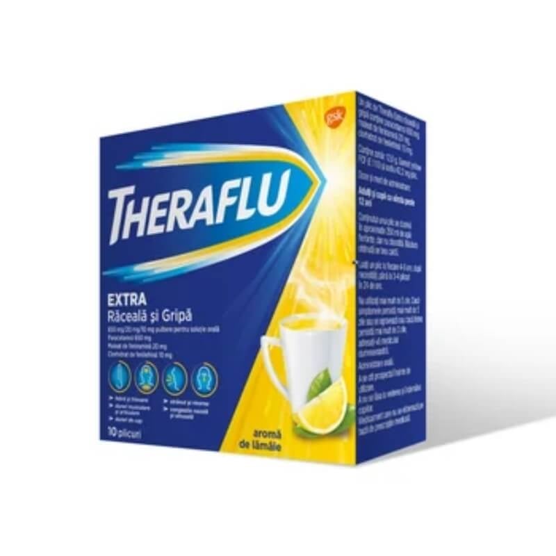 Theraflu Extra raceala si gripa, 650 mg/20 mg/10 mg, 10 plicuri, GSK (Haleon) Theraflu Extra raceala si gripa, 650 mg/20 mg/10 mg, 10 plicuri, GSK (Haleon)
