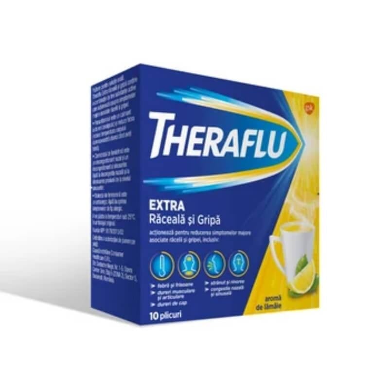 Theraflu Extra raceala si gripa, 650 mg/20 mg/10 mg, 10 plicuri, GSK (Haleon) Theraflu Extra raceala si gripa, 650 mg/20 mg/10 mg, 10 plicuri, GSK (Haleon)