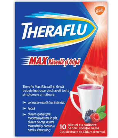 Theraflu Max Raceala si Gripa, 1000 mg/10 mg/70 mg pulbere pentru solutie orala, 10 plicuri, GSK (Haleon) Theraflu Max Raceala si Gripa, 1000 mg/10 mg/70 mg pulbere pentru solutie orala, 10 plicuri, GSK (Haleon)