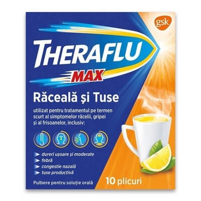 Theraflu Max raceala si tuse, 1000 mg/12.2 mg/200 mg, 10 plicuri, GSK (Haleon) Theraflu Max raceala si tuse, 1000 mg/12.2 mg/200 mg, 10 plicuri, GSK (Haleon)