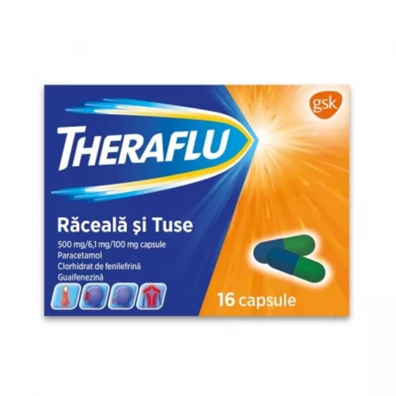 Theraflu raceala si tuse, 500 mg/6,1 mg/100 mg, 16 capsule, GSK (Haleon) Theraflu raceala si tuse, 500 mg/6,1 mg/100 mg, 16 capsule, GSK (Haleon)