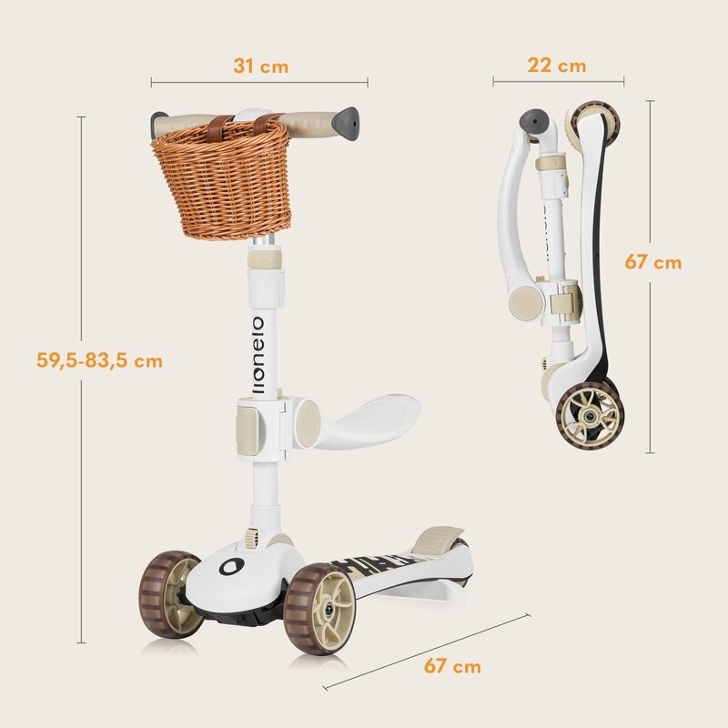 Trotineta, Lionelo, Franky, Multifunctionala, Pliabila, Pana la 50 kg, Bicicleta cu 3 roti si trotineta de echilibru, Ghidon reglabil, Sezut detasabil, Roti cu LED, Conform cu EN71, EN62115, 12 luni+, Bej Trotineta, Lionelo, Franky, Multifunctionala, Pliabila, Pana la 50 kg, Bicicleta cu 3 roti si trotineta de echilibru, Ghidon reglabil, Sezut detasabil, Roti cu LED, Conform cu EN71, EN62115, 12 luni+, Bej