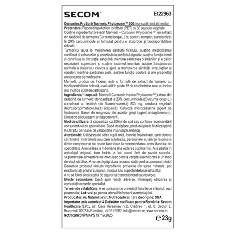 Turmeric Phytosome Prosorb 500 mg Solaray, 30 capsule vegetale, Secom Turmeric Phytosome Prosorb 500 mg Solaray, 30 capsule vegetale, Secom