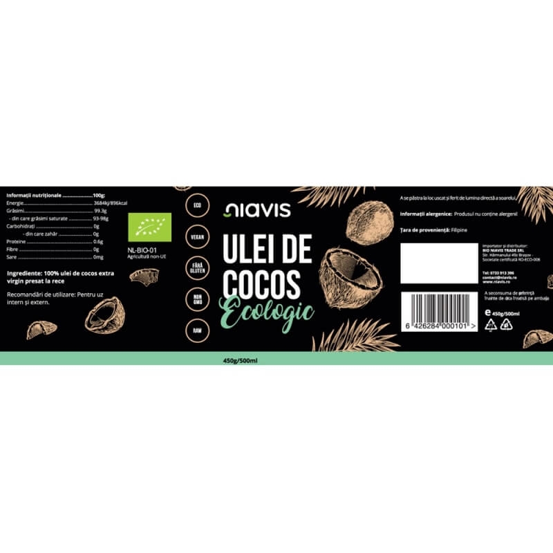 Ulei de cocos ecologic, 450 g/500 ml, Niavis Ulei de cocos ecologic, 450 g/500 ml, Niavis