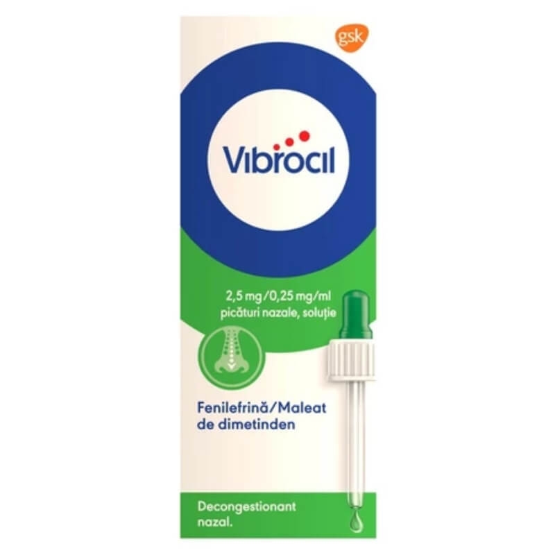Vibrocil picaturi nazale, solutie, 2,5 mg/0,25 mg/ml, 15 ml, GSK (Haleon) Vibrocil picaturi nazale, solutie, 2,5 mg/0,25 mg/ml, 15 ml, GSK (Haleon)
