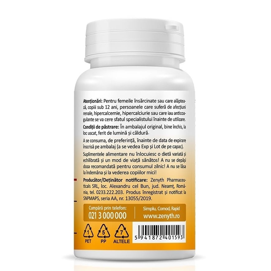 Vitamin D3 2000 UI + K2 75 mcg, 30 capsule, Zenyth Vitamin D3 2000 UI + K2 75 mcg, 30 capsule, Zenyth