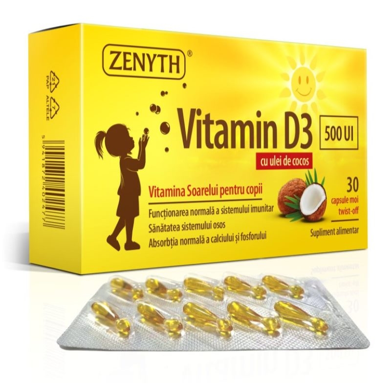 Vitamin D3, pentru copii, 500 UI, 30 capsule moi, Zenyth Vitamin D3, pentru copii, 500 UI, 30 capsule moi, Zenyth